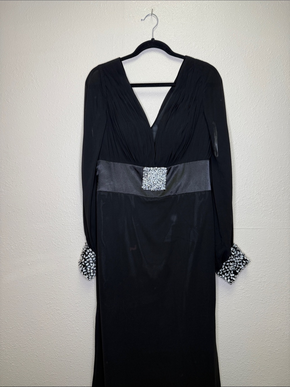 Black Long-Sleeve Evening Gown with Jeweled Waist and Cuffs